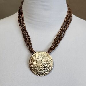Bronze Beaded Necklace Gold‎ Tone Textured Disc Pendant Statement Jewelry